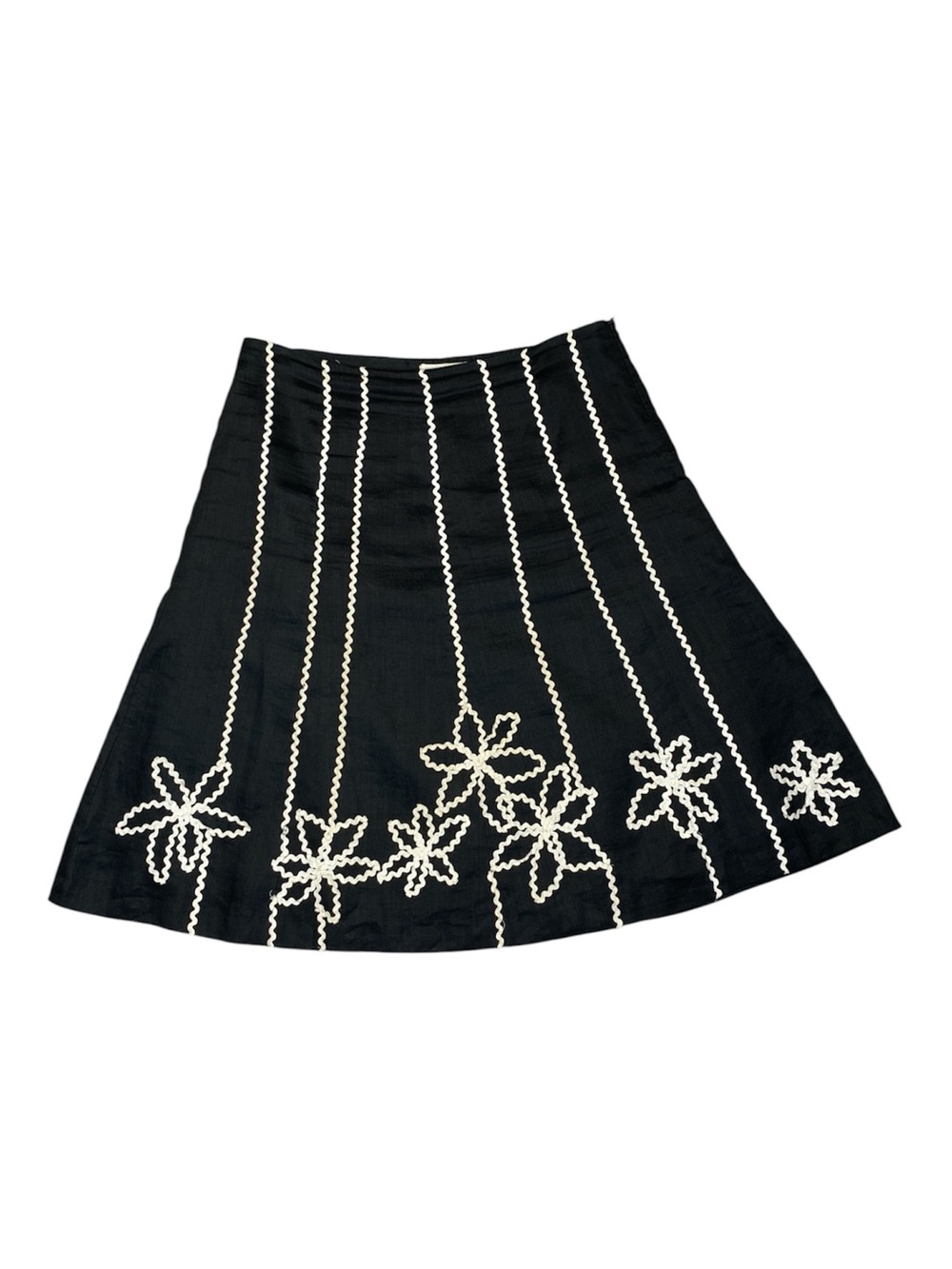 Vintage Y2K S.L.B. Black 100% Linen Floral Embroidered A-Line Skirt Size 14